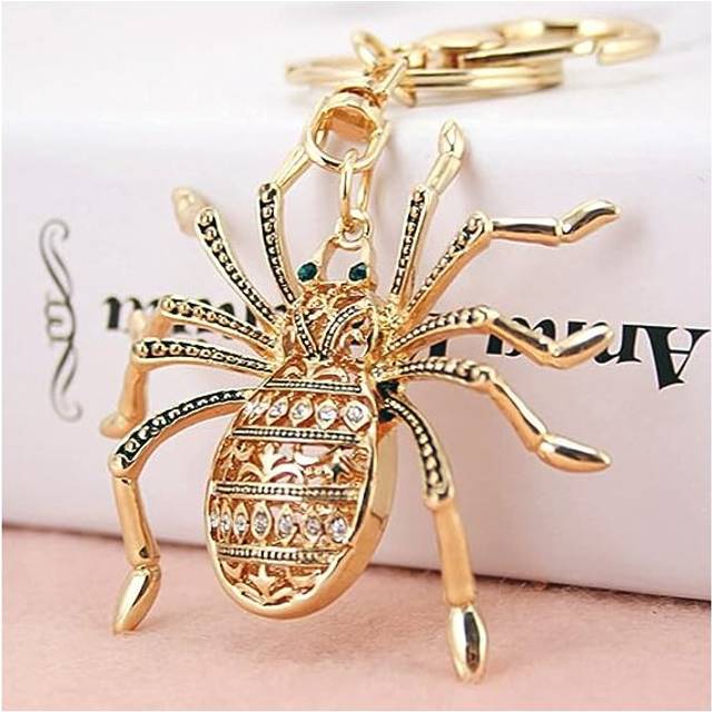 Spider Rhinestone Cute Keychain Purse Bag Buckle Ladies Bag Pendant Charm Insect Animal Car Keyring for Women (Gold)