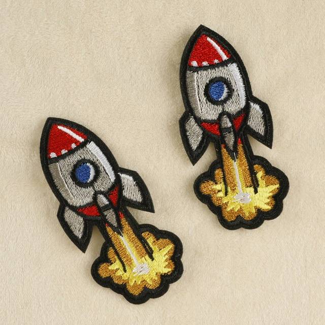 SHEIN 2pcs Rocket Spacecraft Embroidery Patch For Diy Clothing, Pants, Hat, Bag, Shoes, Mobile Phone Case Decoration, Iron On
