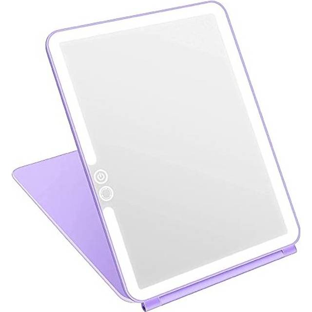 Folding Travel Mirror, Lighted Makeup Mirror with 72 LED 3 Colors Light, USB Rechargeable Portable Compact Illuminated Vanity Mirror with Touch Screen