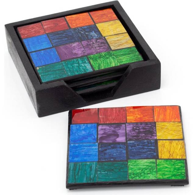 Rainbow Mosaic Set Of 4 Coasters And Holder | Square Coasters With Holder Cup Mug Table Mats | Handmade 4 Piece Drinks Coaster Set