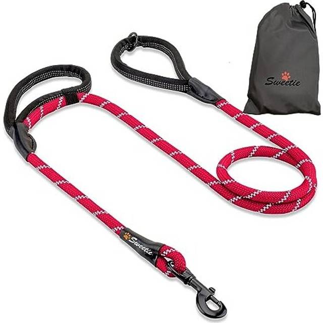 Rope Dog Lead, Red Strong Leash, 2 Padded Handles 5 FT - Medium, Large Dogs - Reflective, Weather Resistant.