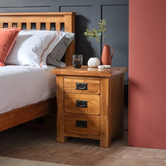 Rustic Solid Oak Bedside Tables and Cabinets - 3 Drawer Bedside Table - Original Rustic Range - Oak Furnitureland