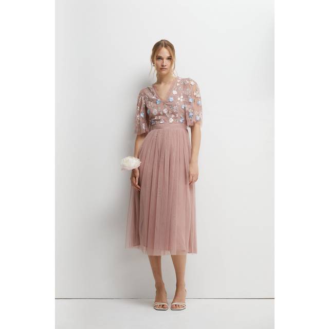 Meadow Floral Embroidered V Neck Bridesmaid Dress - Pink - 10