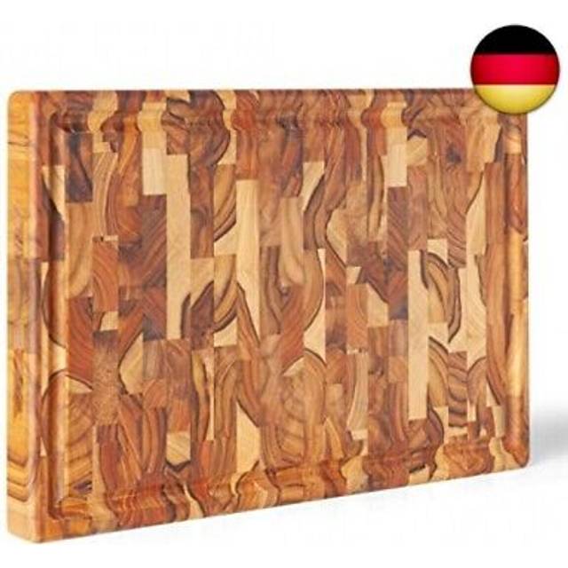Wooden Chopping Board, 44 cm Long Natural End Grain Teak Wood, 3.2 cm Thickness, Kitchen or Barbecue, Cut or Serve Meat Cheese Bread, 44x30x3.2 cm