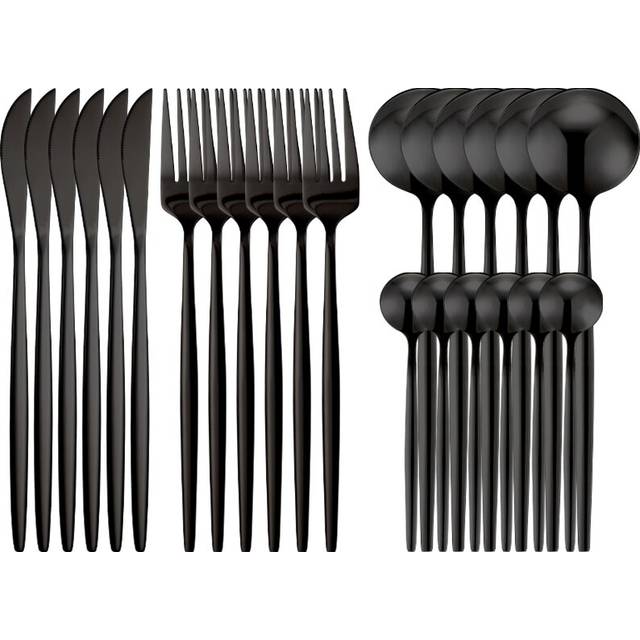 24pcs Matte Black Flatware Set Stainless Steel Cutlery Knife Fork Spoon Silverware Dinnerware Set Dishwasher Safe Tableware