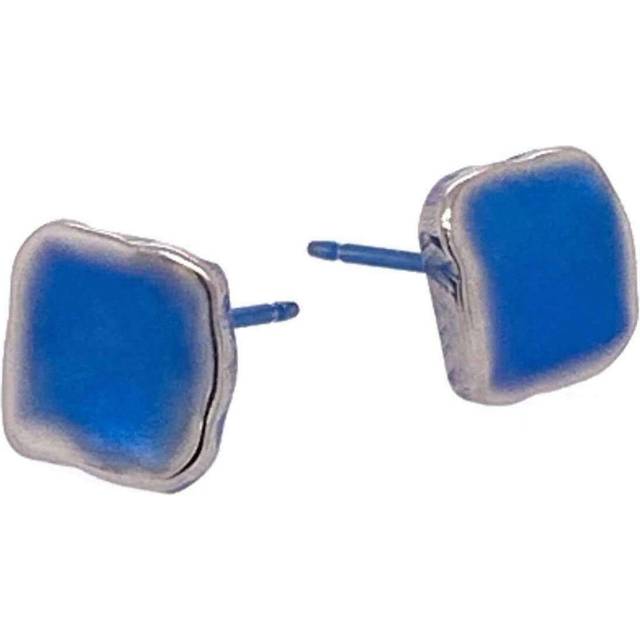 Ti2 titanium womens squashed 8mm square stud earrings - dark blue