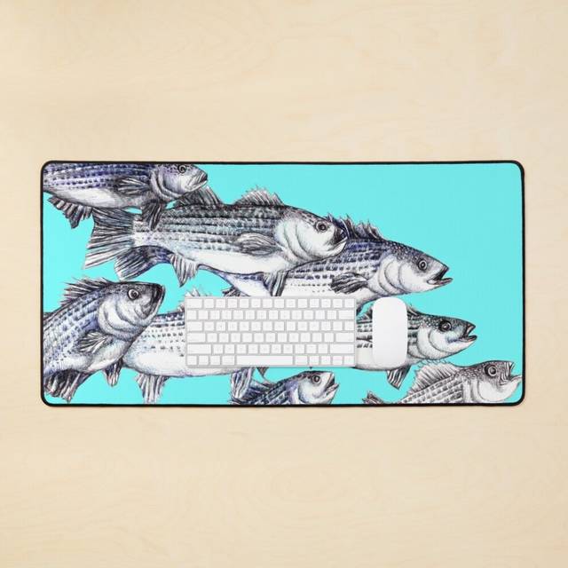 "Desk Mat Striped Bass Ink Drawing ""Old School"" - in Aqua Large Gaming Mouse Pad 35x16 inch"