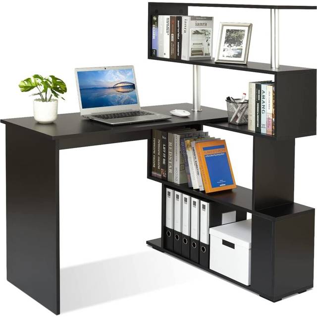 Meerveil L Shaped Computer Desk, Corner Desk, 360 Degree Rotatable Shelves, Space Saving Table w/ Spacious Storage for Home Office Workstation Study