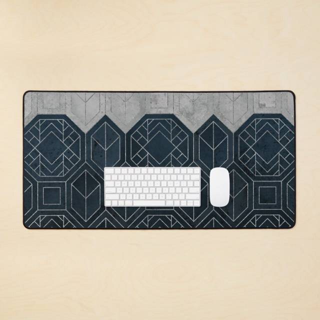 Desk Mat Navy Blue and Silver Grey Luxury Geo Large Gaming Mouse Pad 35x16 inch