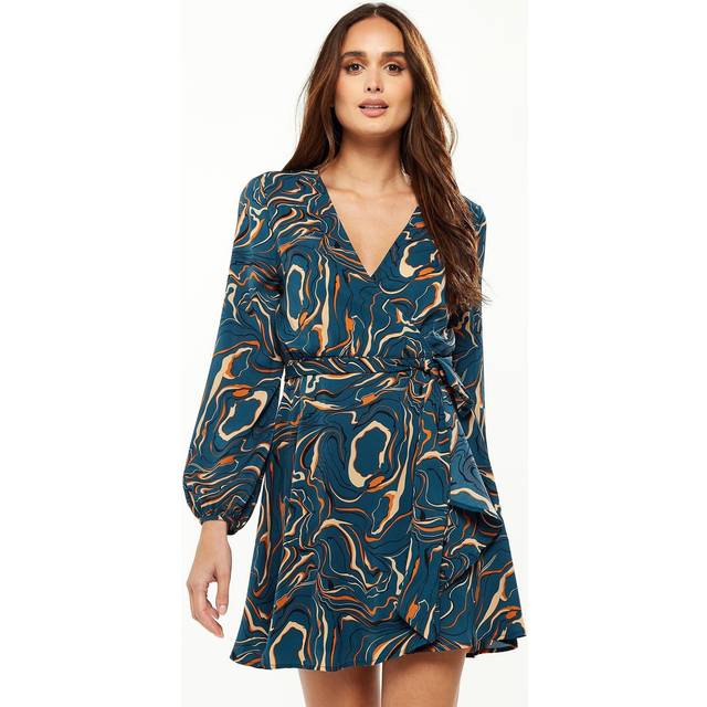 Womens Scribble Print Mini Wrap Dress With Long sleeves in Dark Green - 10
