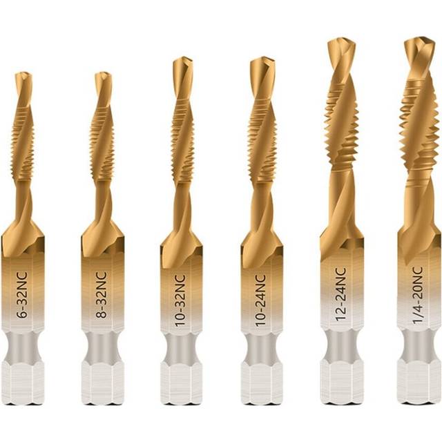 6pcs Hex Shank Spiral Flute HSS Combination Screw Tap Drill Bit Imperial Units 6-32NC to 1/4-20NC Threading Tool