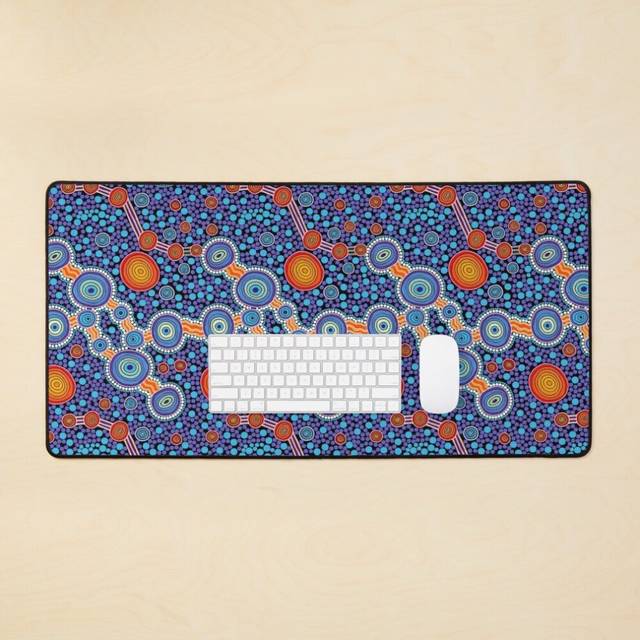 Desk Mat Authentic Aboriginal Art - The Journey Blue Large Gaming Mouse Pad 35x16 inch