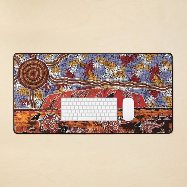 Desk Mat Authentic Aboriginal Art - Uluru Ayers Rock Large Gaming Mouse Pad 35x16 inch