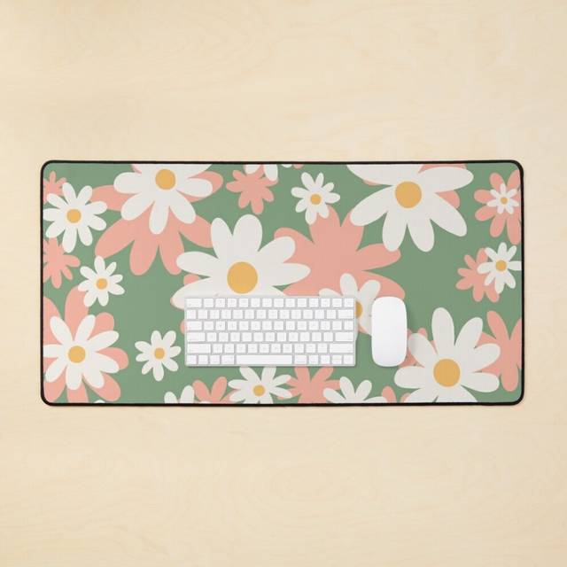 Desk Mat London Flower Market, Daisies Pastel Retro Travel Poster Large Gaming Mouse Pad 35x16 inch