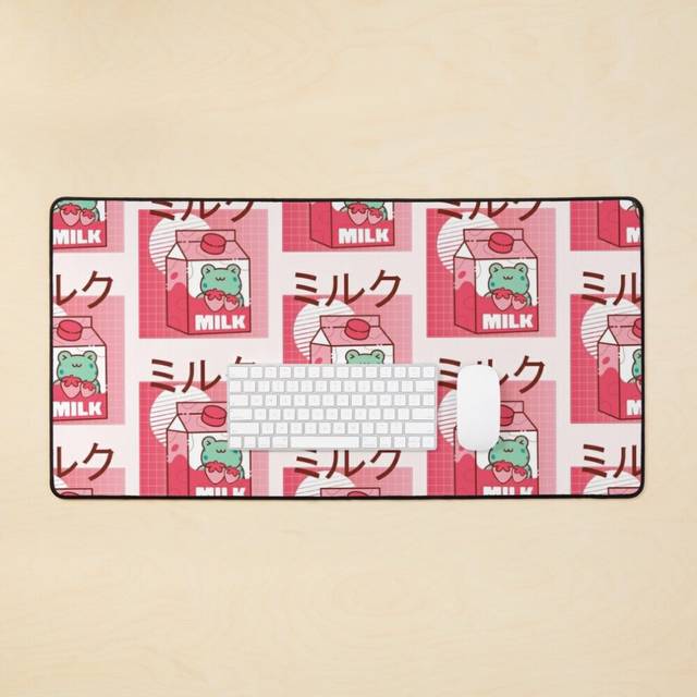 Desk Mat Strawberry Milk Kawaii Frog Aesthetic Milk Large Gaming Mouse Pad 35x16 inch