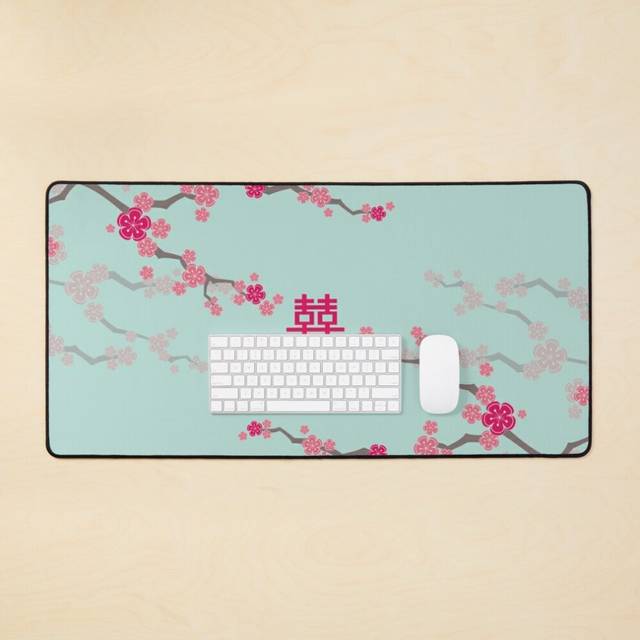 Desk Mat Fuchsia Pink Oriental Cherry Blossoms on Turquoise Blue and Chinese Wedding Double Happiness Sakura Large Gaming Mouse Pad 35x16 inch