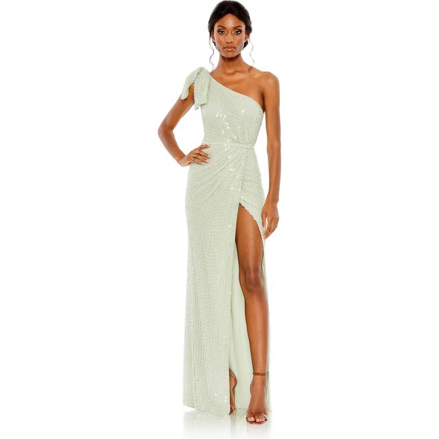 Mac Duggal Pearl Embellished Soft Tie One Shoulder Gown