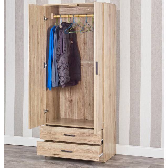 (Oak Carcass & Oak Drawers) Tall Wooden 2 Door Wardrobe +2 Drawers Hanging Bar