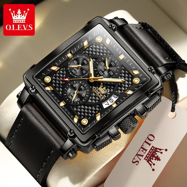 Olevs Top Brands Square Men Watch Multi-Function Chronograph Leather Strap Waterproof Business Male Wristwatch - Yellow