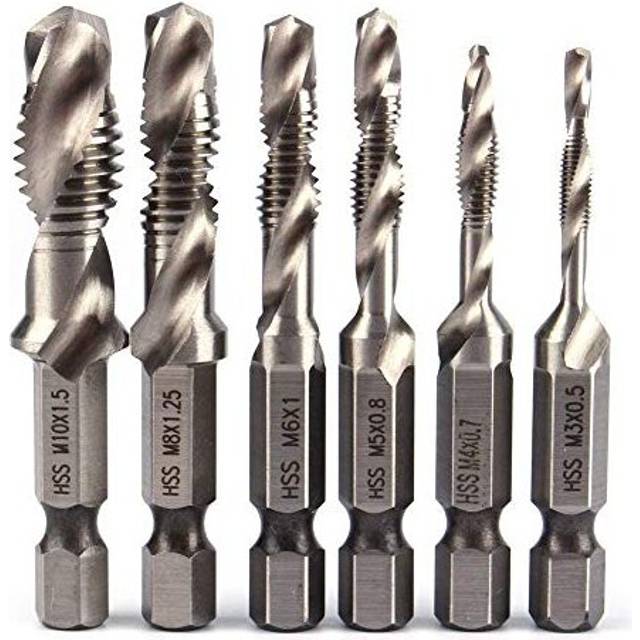 6 PCS HSS Tap Drill Bit Set, 2 in 1 Combination Drills and Taps Set, M3 M4 M5 M6 M8 M10 HSS Metric Hex Shank Screw Taps Tool Set/Tap Hex Shank HSS