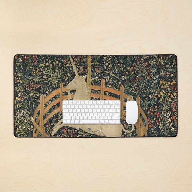 Desk Mat Medieval Unicorn In Captivity Floral Tapestry Large Gaming Mouse Pad 35x16 inch