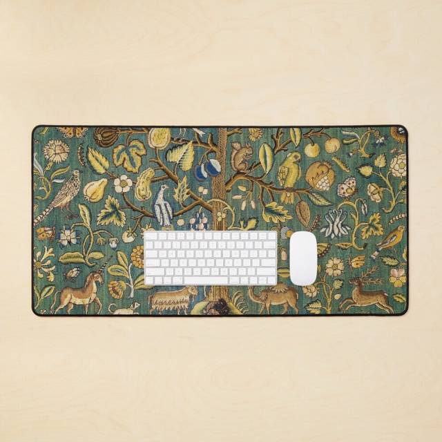 Desk Mat Ancient Animals Tree Medieval Unicorn Floral Tapestry Large Gaming Mouse Pad 35x16 inch