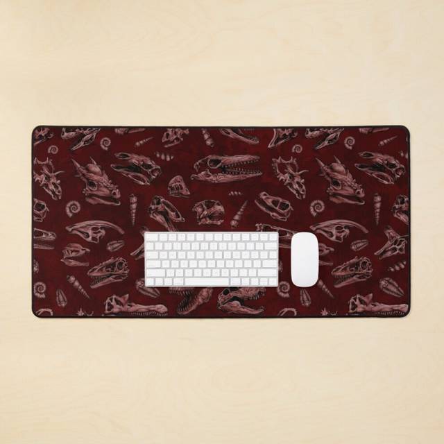 Desk Mat Dinosaur skull sketch tiled pattern Red Large Gaming Mouse Pad 35x16 inch