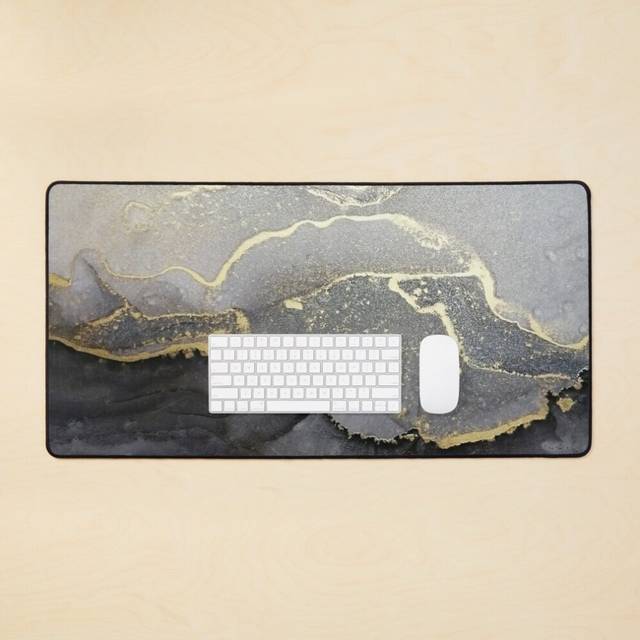 Desk Mat Elegant black gold marble ink abstract painting  Large Gaming Mouse Pad 35x16 inch