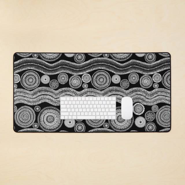 Desk Mat Authentic Aboriginal Art Gift- Pathways and circles Black White Large Gaming Mouse Pad 35x16 inch