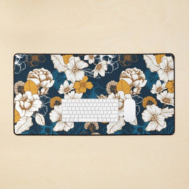 Desk Mat Navy and Gold Peony and Blossom Seamless Pattern Large Gaming Mouse Pad 35x16 inch