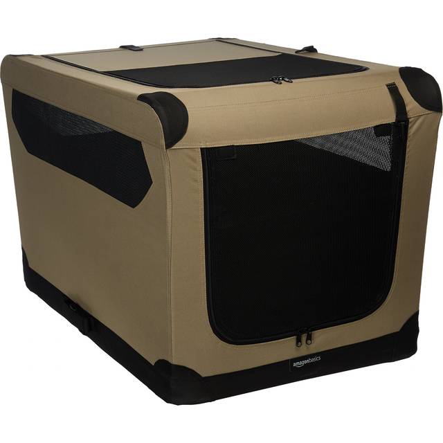 Amazon Basics 2-Doors Portable Soft-Sided Folding Travel Crate Kennel for cat, dog, and other small animals, Tan, L 91 cm x 61 cm x 61 cm
