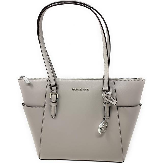Womens Grey Leather Tote Handbag with Top Zipper Closure - One Size