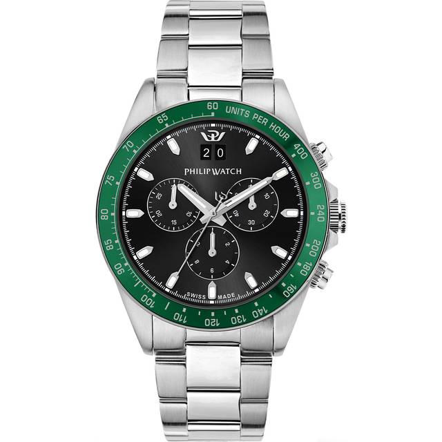 Philip Watch Swiss Made Caribe Sport Chronograph Stainless Steel Black Sunray Dial Quartz R8273607010 100M Men's Watch