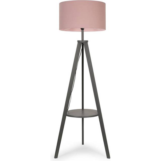 Modern Grey Wood Tripod Design Floor Lamp with Storage Shelf & Pink Drum Shade