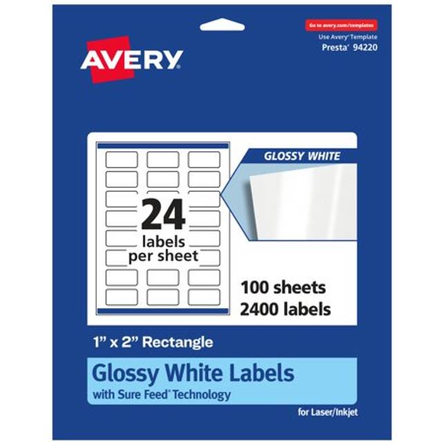 "Avery Glossy White Rectangle Labels With Sure Feed  1"""""""" x 2""""""""  2 400 Count  Print-to-The-Edge  Permanent Adhesive  Laser/Inkjet Printable"