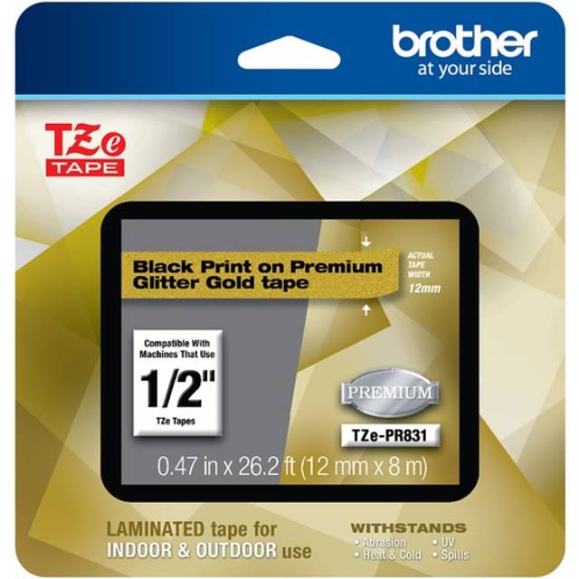 Brother P-touch TZe-PR831 Black Print on Premium Laminated Tape 12mm (0.47   ) wide x 8m (26.2   ) long, Glitter Gold, TZEPR831