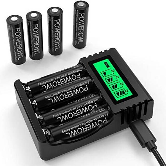Rechargeable Battery AA with Charger, POWEROWL 8 Pcs AA Rechargeable Batteries 2800mAh Ni-MH Double A Batteries with Smart 4 Bay Battery Charger (USB