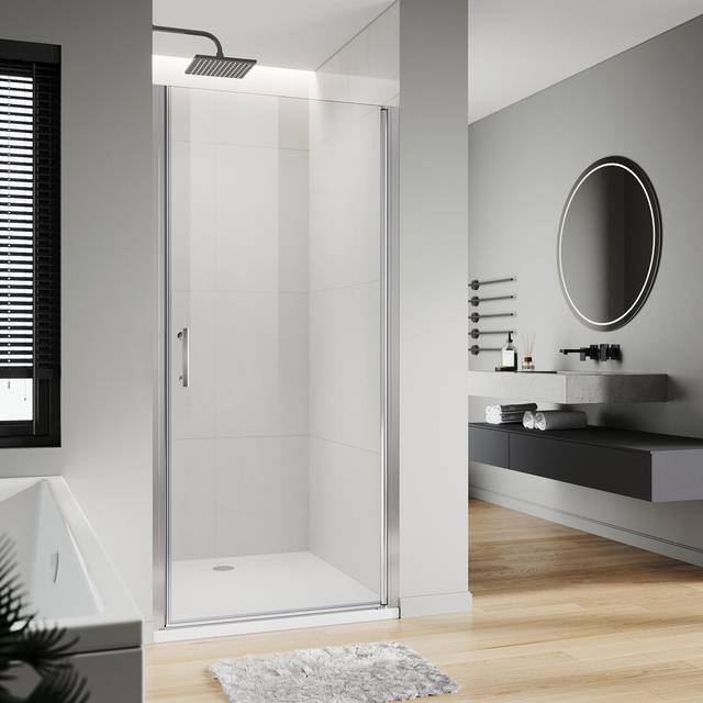 Madarisse Framed Tempered Glass Pivot Shower Door - Chrome (185cm H x 80cm W)