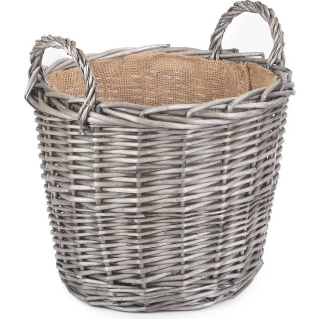 Round Antique Wash Finish Wicker Lined Wicker Log Basket - Medium