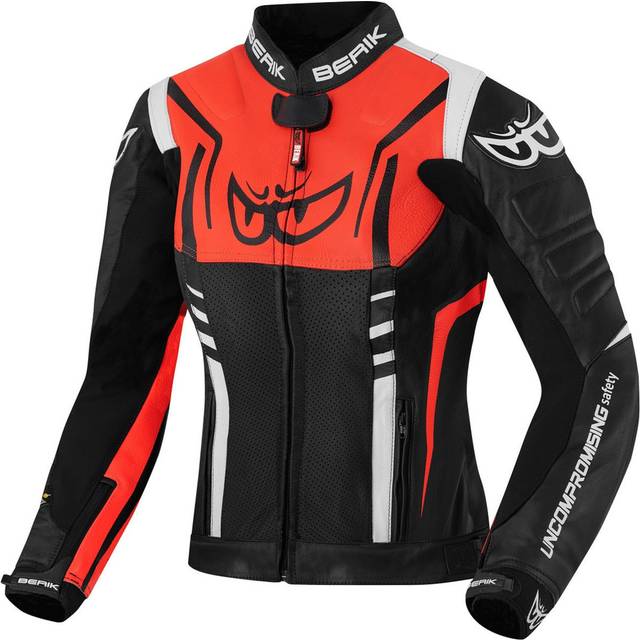 Berik Striper Ladies Motorcycle Leather Jacket, black-white-red, Size 38 for Women