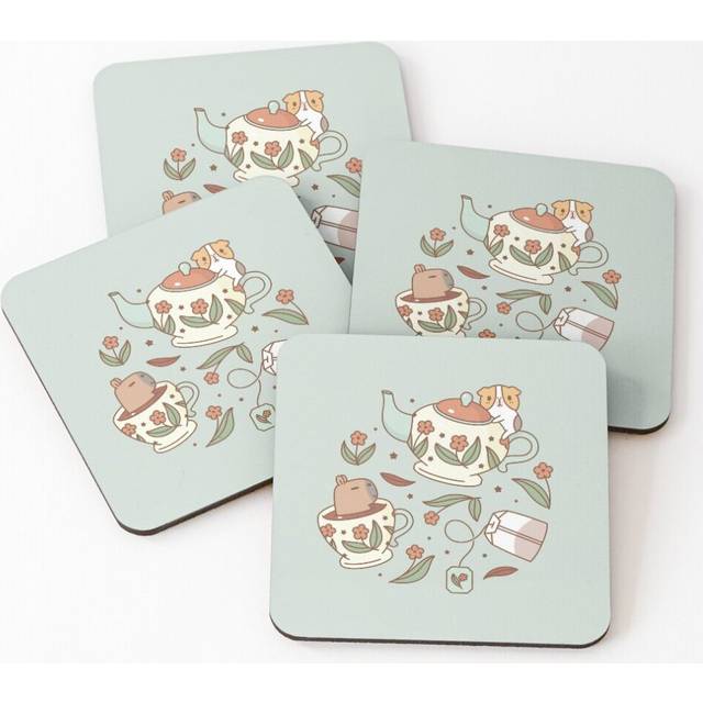 Leather Coasters Guinea pig and capybara Tea Party Pattern, Bubu and Moonch  Set of 4 / 4 x 4 inch