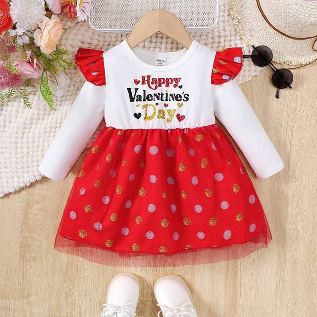 SHEIN Valentine&#39;s Day Baby Girls&#39; Mesh Gold Stamping Polka Dot Print Dress