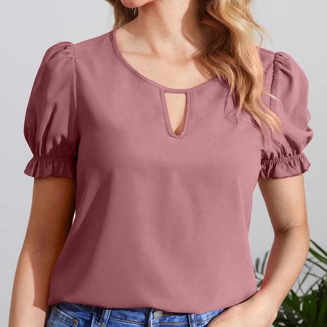 SHEIN Keyhole Neck Puff Sleeve Blouse,Short Sleeve Tops