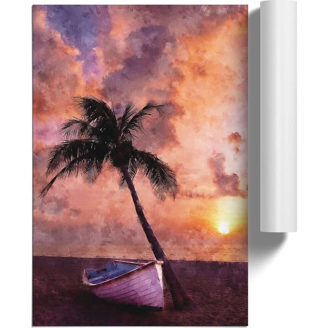 Palm Tree and Boat - Unframed Graphic Art (30cm H x 21cm W x 0.1cm D)