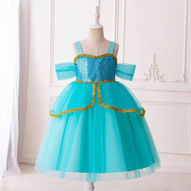 SHEIN Young Girls&#39; Cosplay Sparkling Princess Birthday Party Dress With Beaded Spaghetti Straps