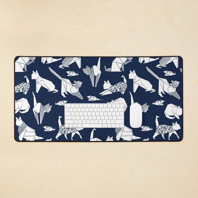 Desk Mat Origami kitten friends blue navy paper cats Large Gaming Mouse Pad 35x16 inch