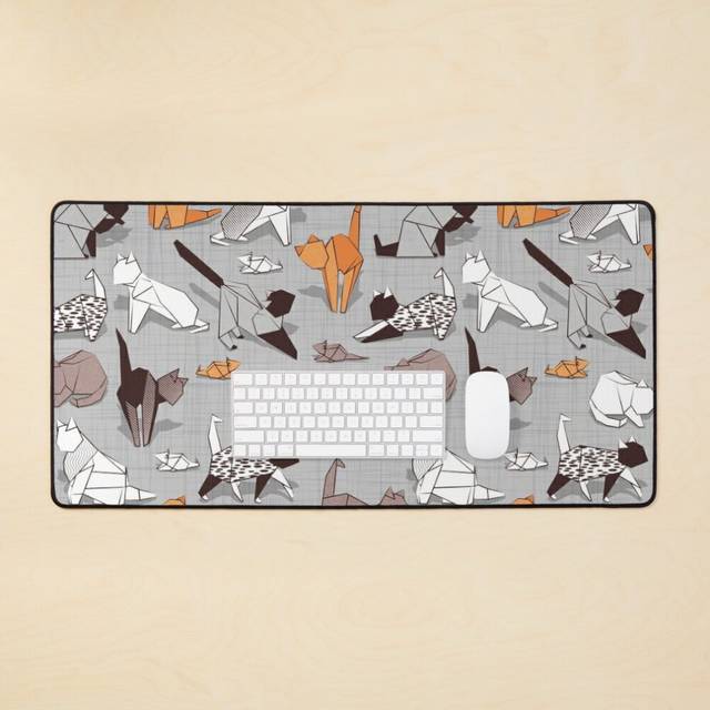 Desk Mat Origami kitten friends grey linen texture paper cats Large Gaming Mouse Pad 35x16 inch