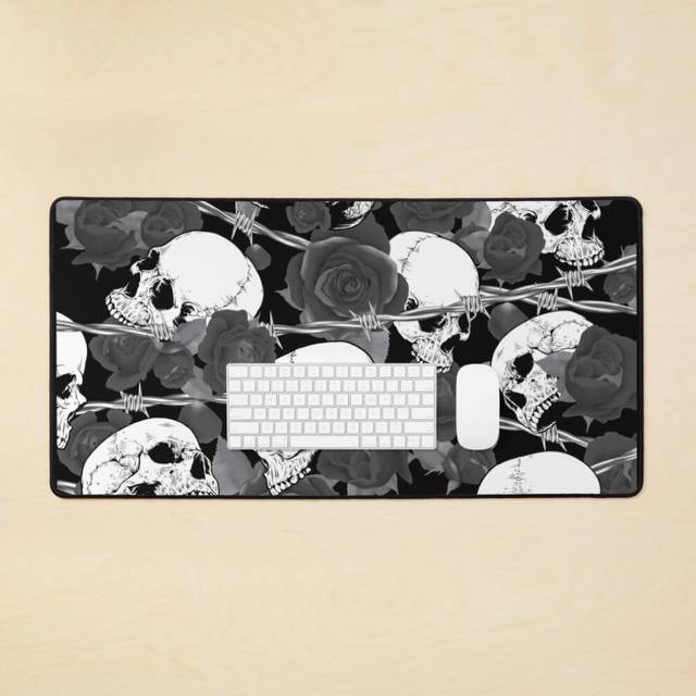 Desk Mat Skull and Rose Rockabilly Grey Large Gaming Mouse Pad 35x16 inch