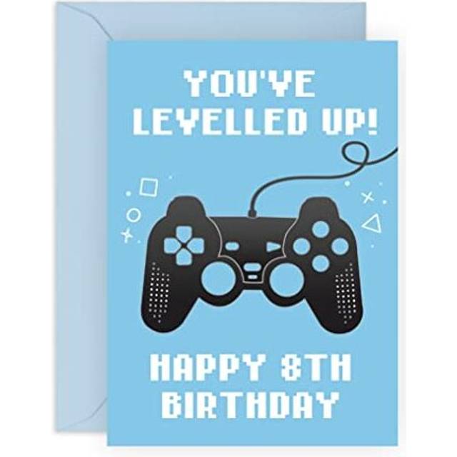 cENTRAL 23 Fun Eighth Birthday card for Boys - Youve Levelled Up - Happy 8th Birthday - 8 Year Old - Blue greeting card for gamers - For Kids - gift f