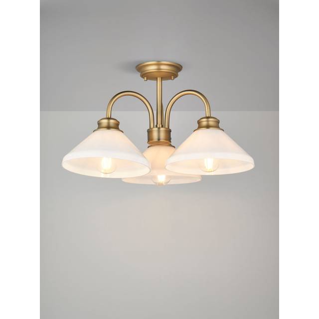 John Lewis Tula Opaline 3 Arm Semi Flush Ceiling Light, Matt Antique Brass
